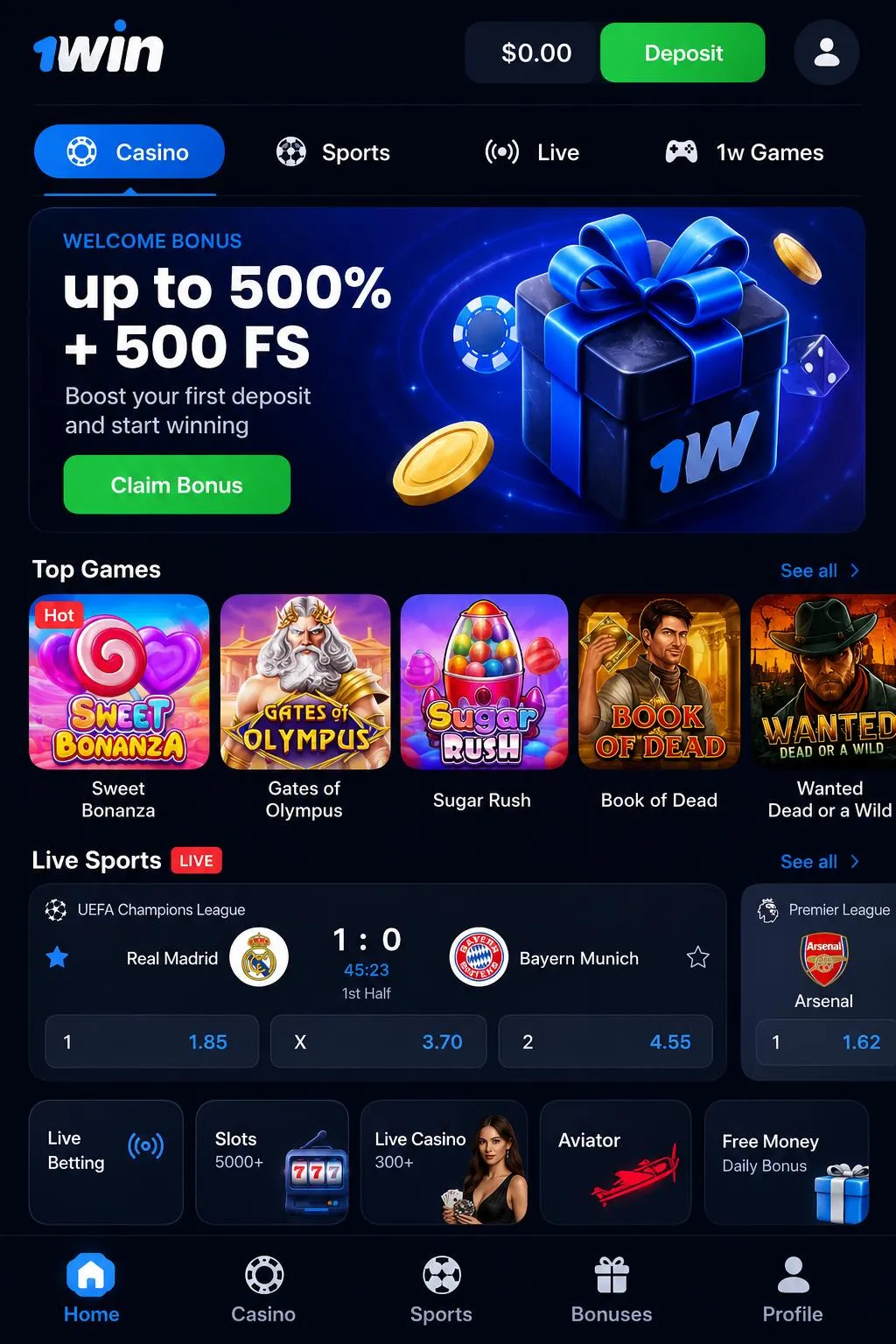 1win app open on a smartphone showing the casino and sportsbook lobby with a single wallet