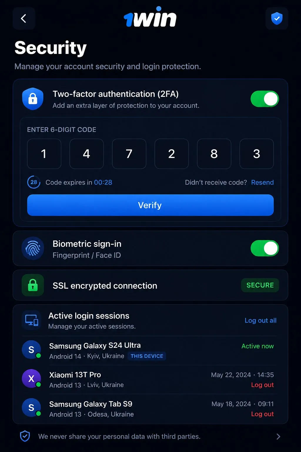 1win login security with SSL encryption and two-factor authentication