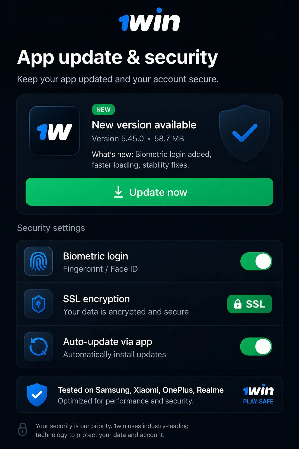 Updating and securing the 1win app on Android with biometric login and SSL encryption