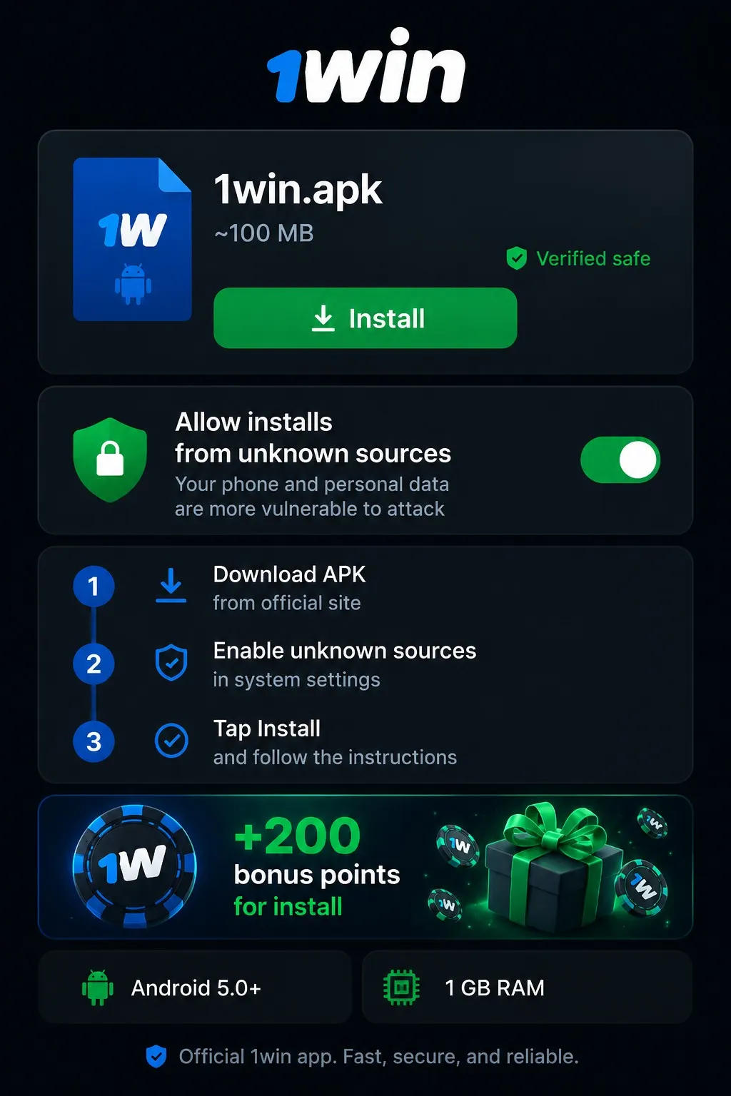 Installing the 1win app APK on an Android phone with the unknown sources permission enabled