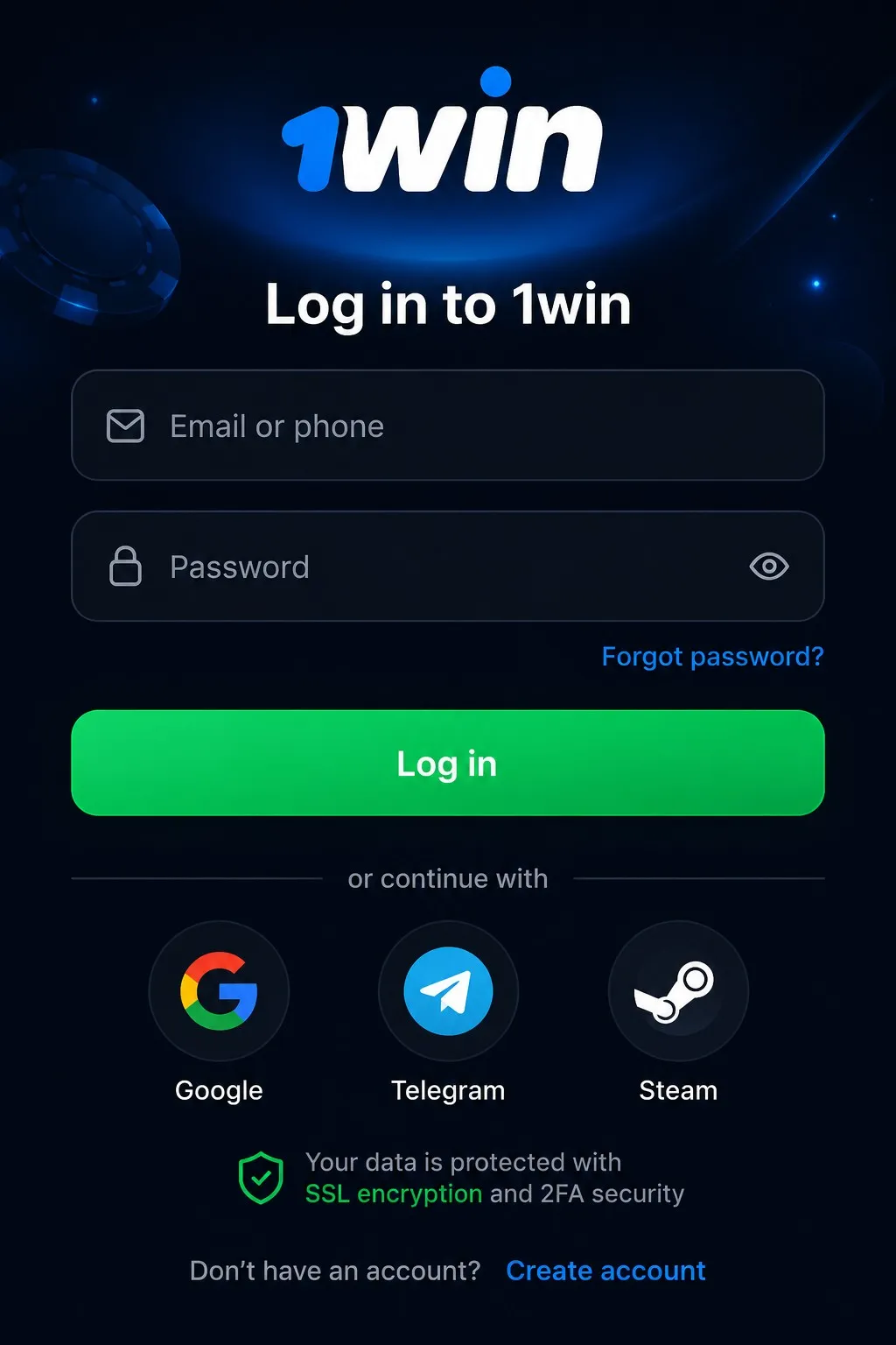1win login screen with email, phone and social sign-in methods