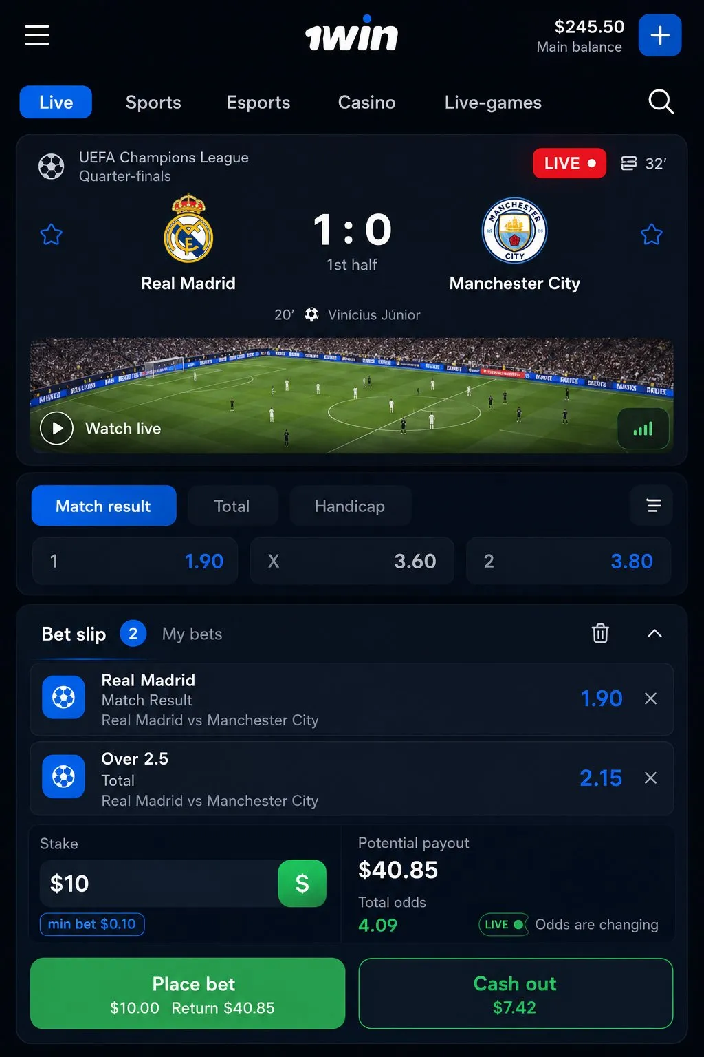Live betting coupon in the 1win app with in-play odds refreshing on a phone screen