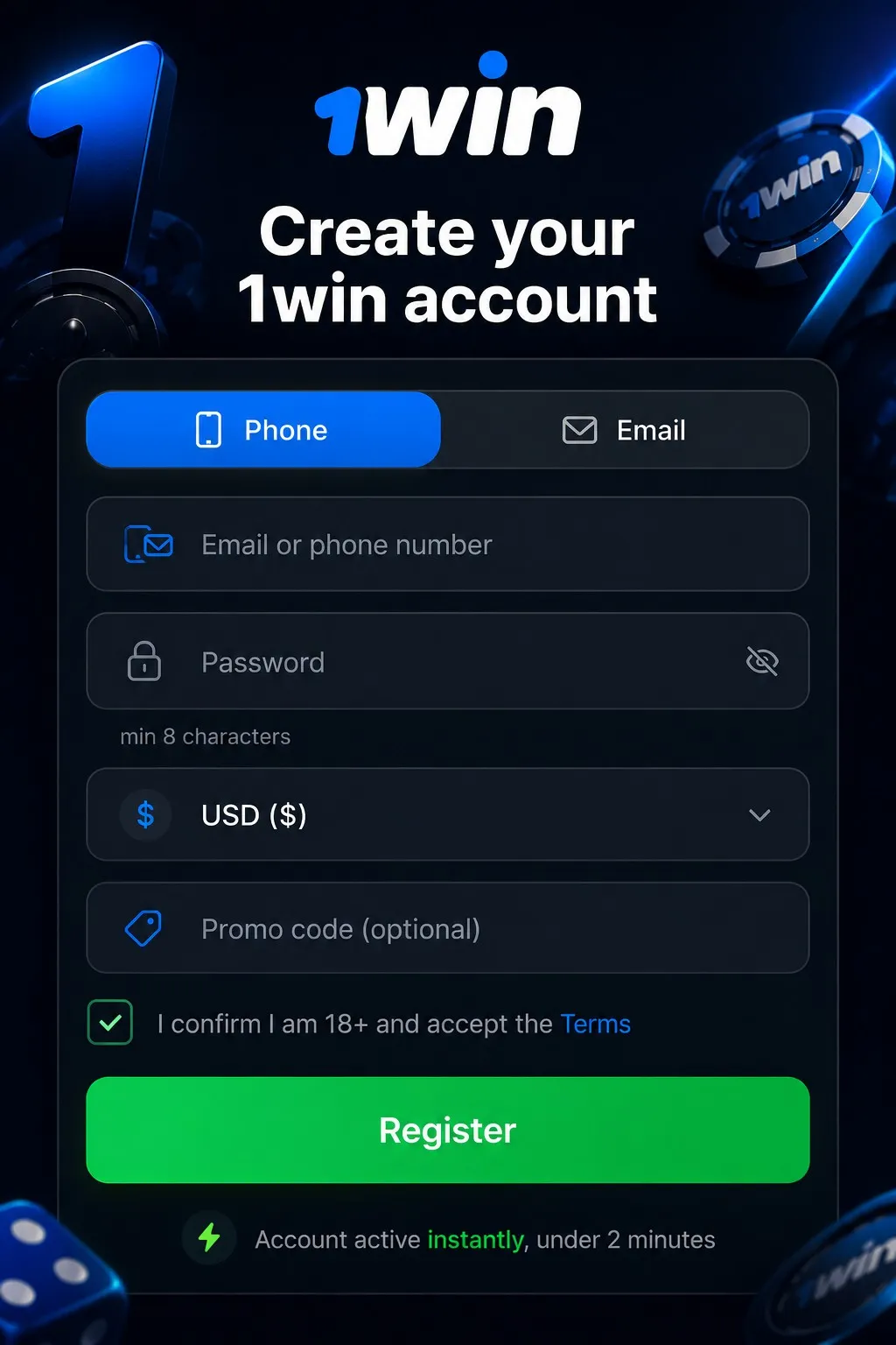 1win register form with currency selection and password setup